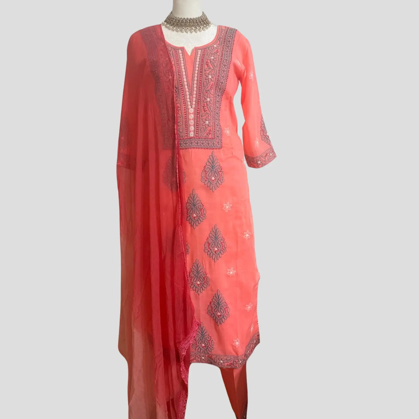 Orange Pure cotton Lucknowi Pant suit with Chiffon Dupatta