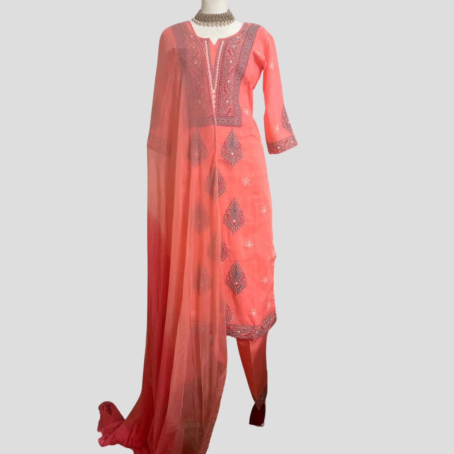 Orange Pure cotton Lucknowi Pant suit with Chiffon Dupatta