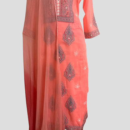 Orange Pure cotton Lucknowi Pant suit with Chiffon Dupatta