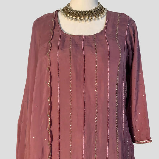 Wild Orchid Pink  Hand Embroidered Top with bordered scalloped  Dupatta and Sharara