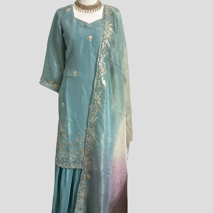 Pastel Green Hand Embroidered Top and Embroidered shaded dupatta with Gharara