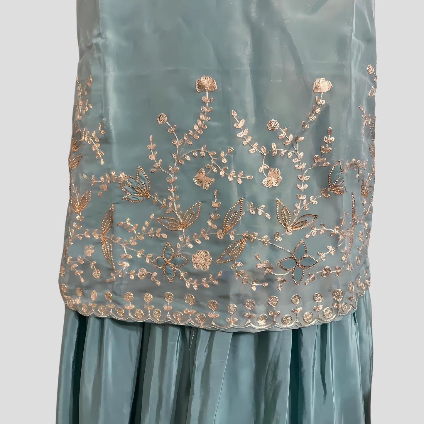 Pastel Green Hand Embroidered Top and Embroidered shaded dupatta with Gharara