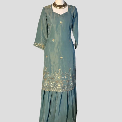 Pastel Green Hand Embroidered Top and Embroidered shaded dupatta with Gharara