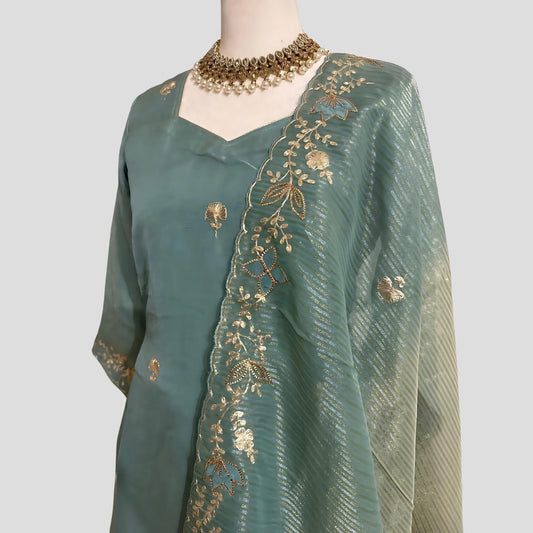 Pastel Green Hand Embroidered Top and Embroidered shaded dupatta with Gharara