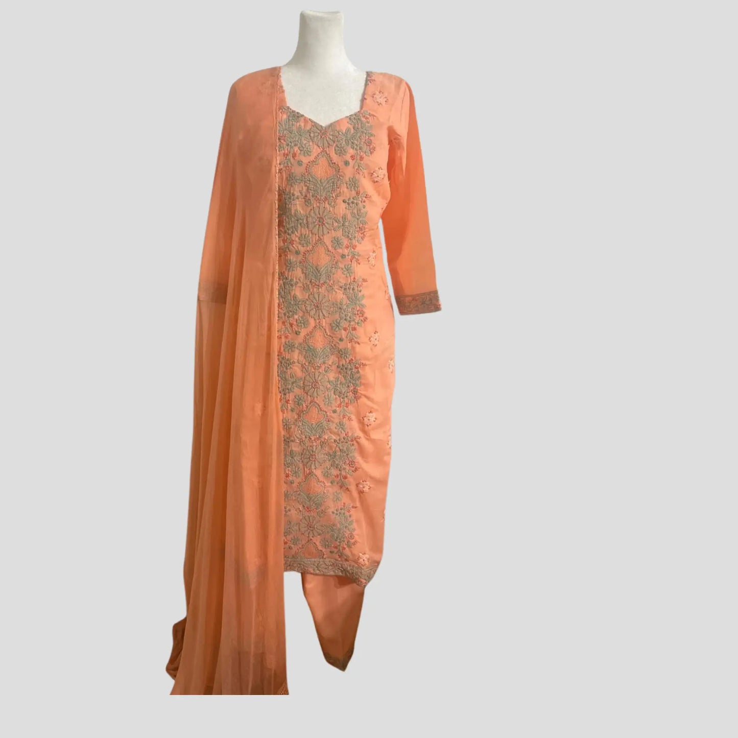 Peach Pure cotton Lucknowi Pant suit with Chiffon Dupatta