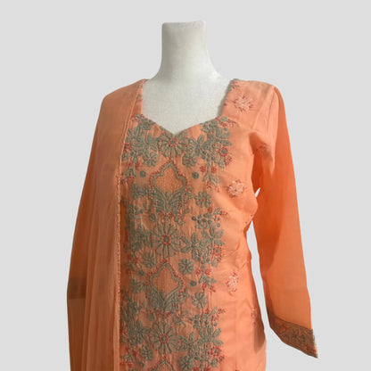 Peach Pure cotton Lucknowi Pant suit with Chiffon Dupatta