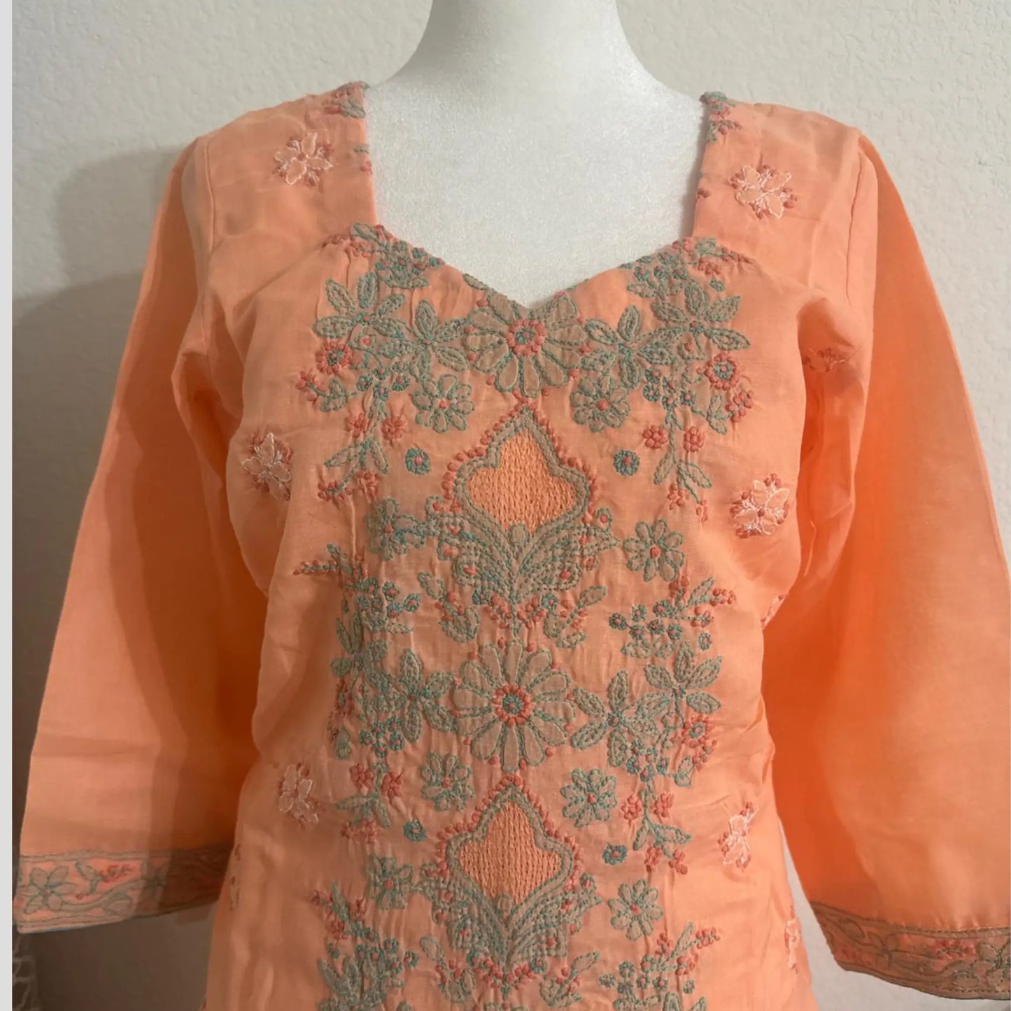 Peach Pure cotton Lucknowi Pant suit with Chiffon Dupatta