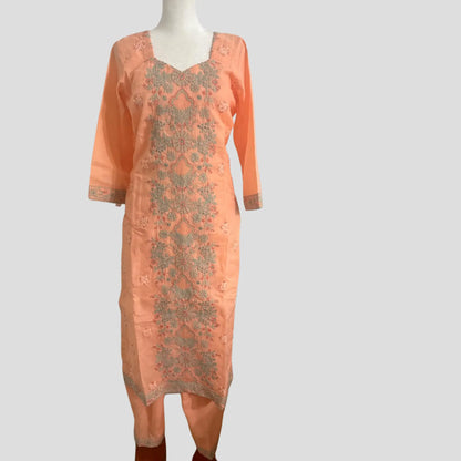 Peach Pure cotton Lucknowi Pant suit with Chiffon Dupatta