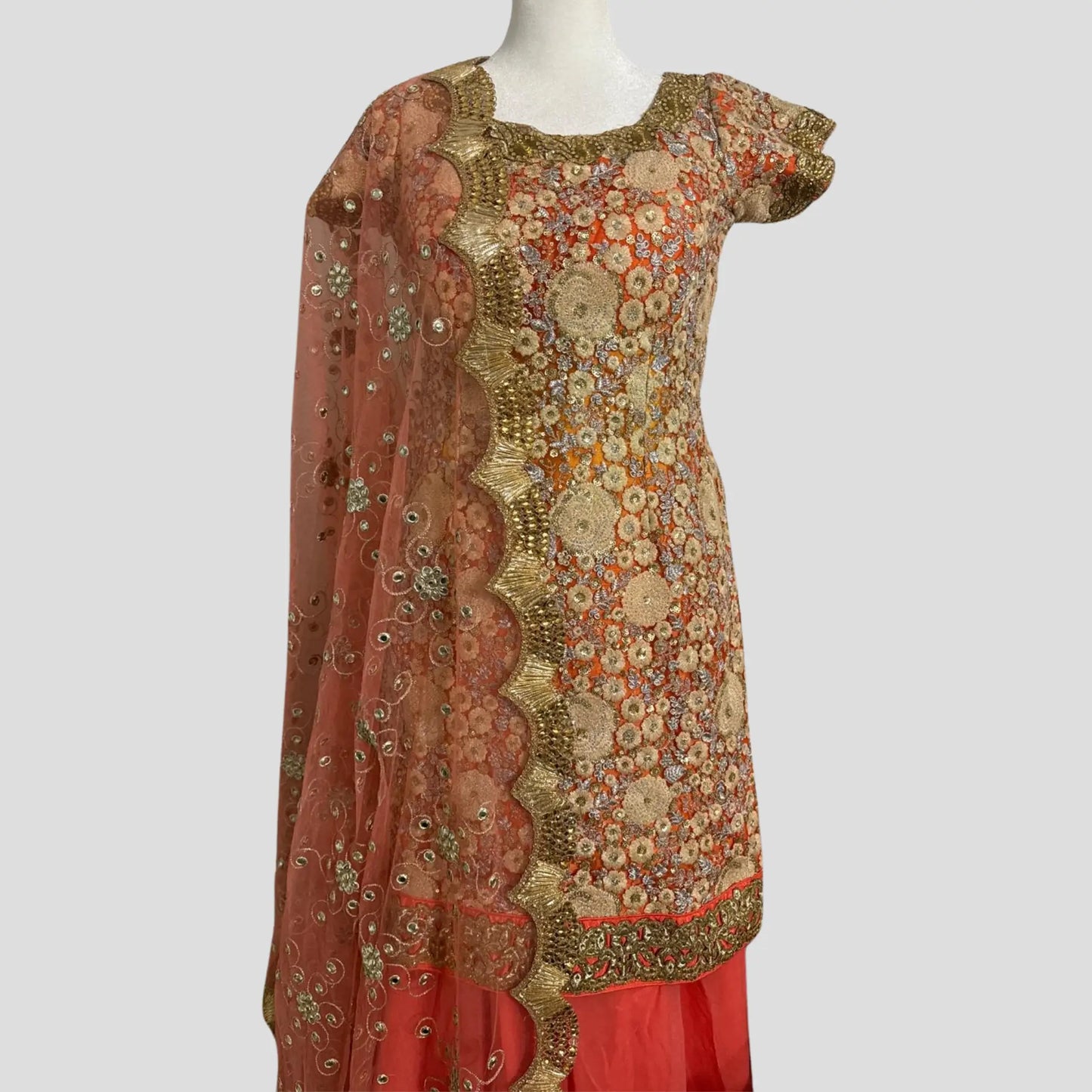 Peach Orange Net Embroidered Sharara Suit