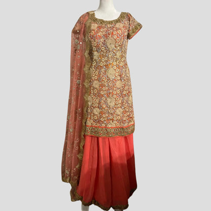 Peach Orange Net Embroidered Sharara Suit