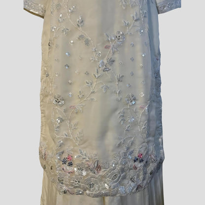 Pearl White Hand Embroidered Top with Sharara and Dupatta