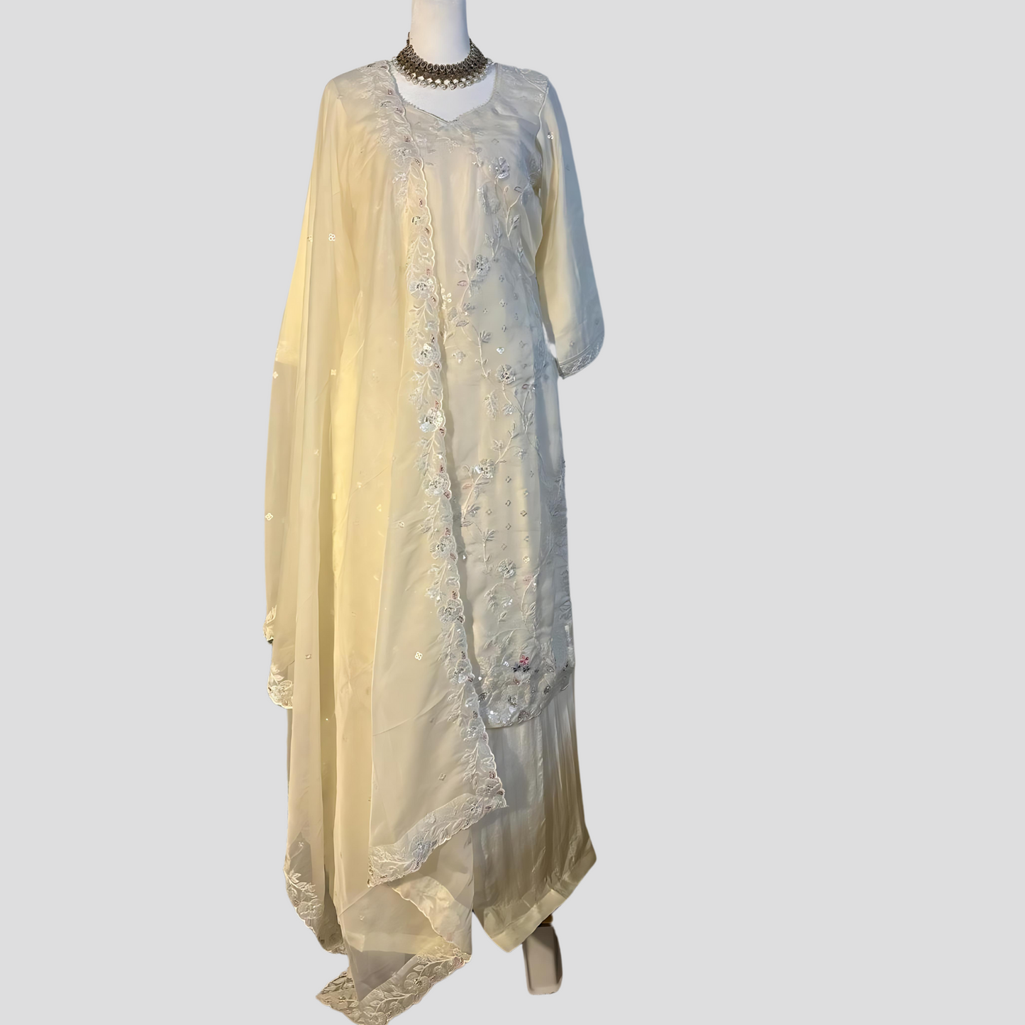 Pearl White Hand Embroidered Top with Sharara and Dupatta