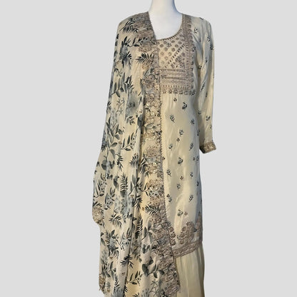 Pearl White Embroidered Top and Floral Embroidered Dupatta with Gharara