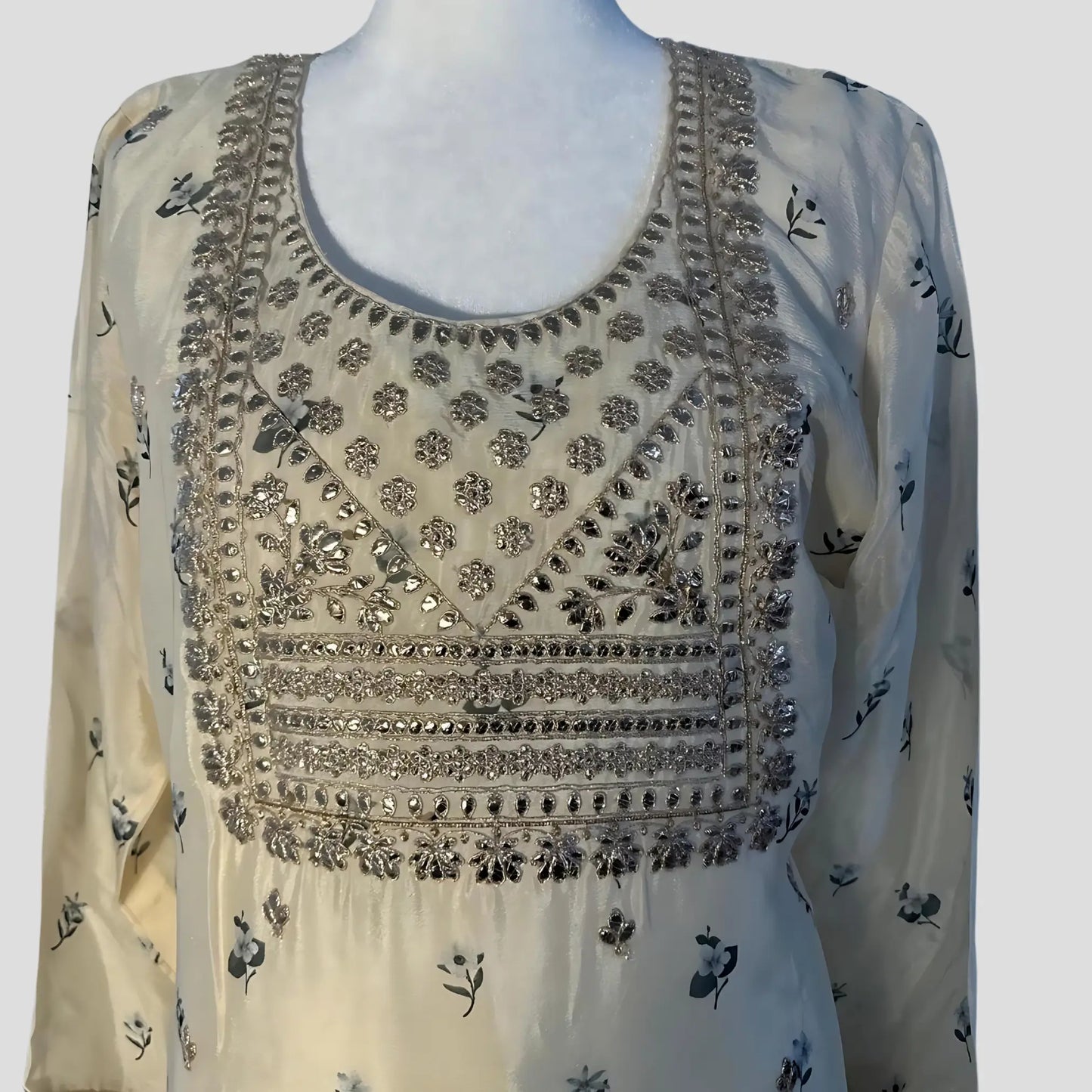 Pearl White Embroidered Top and Floral Embroidered Dupatta with Gharara