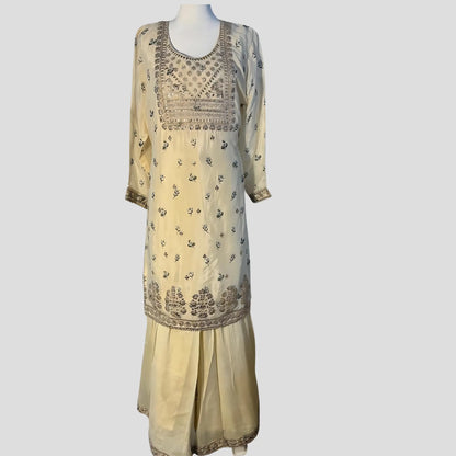 Pearl White Embroidered Top and Floral Embroidered Dupatta with Gharara