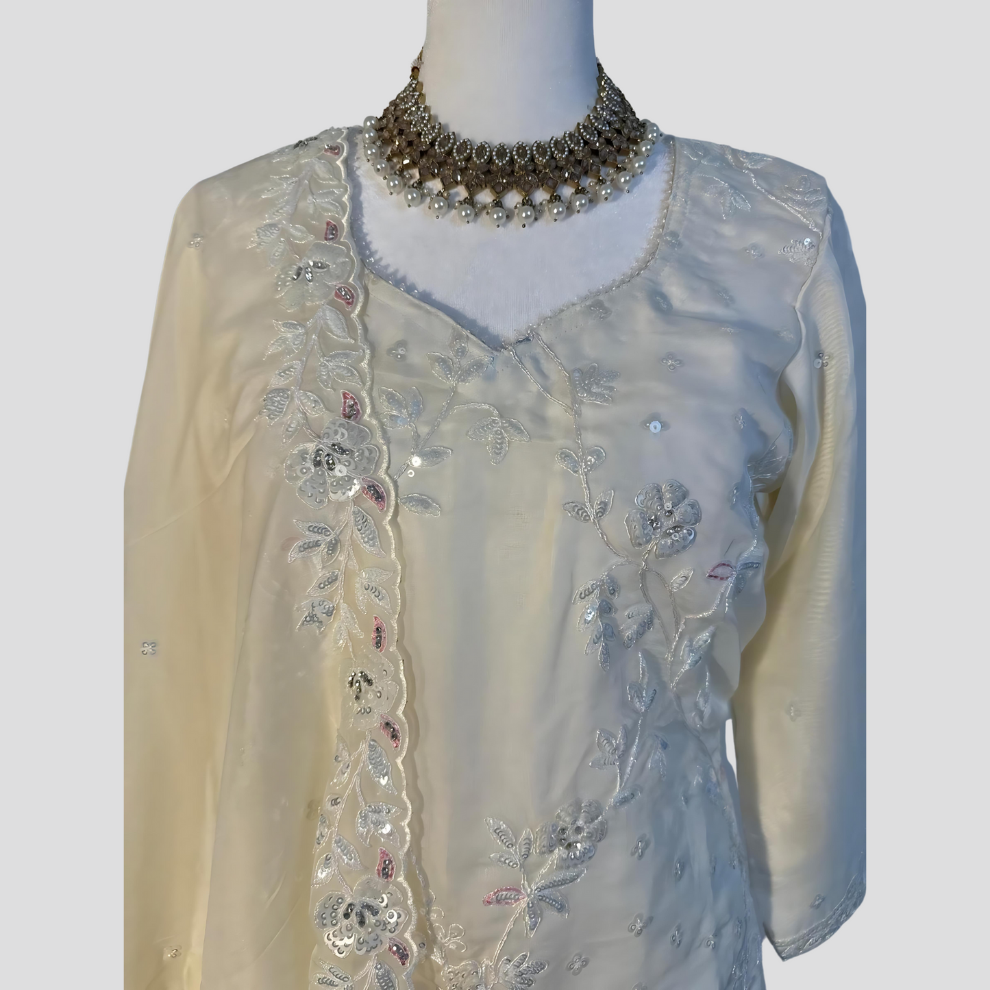 Pearl White Hand Embroidered Top with Sharara and Dupatta