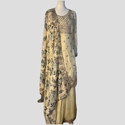 Pearl White Embroidered Top and Floral Embroidered Dupatta with Gharara