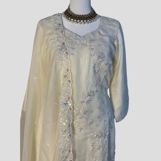 Pearl White Hand Embroidered Top with Sharara and Dupatta