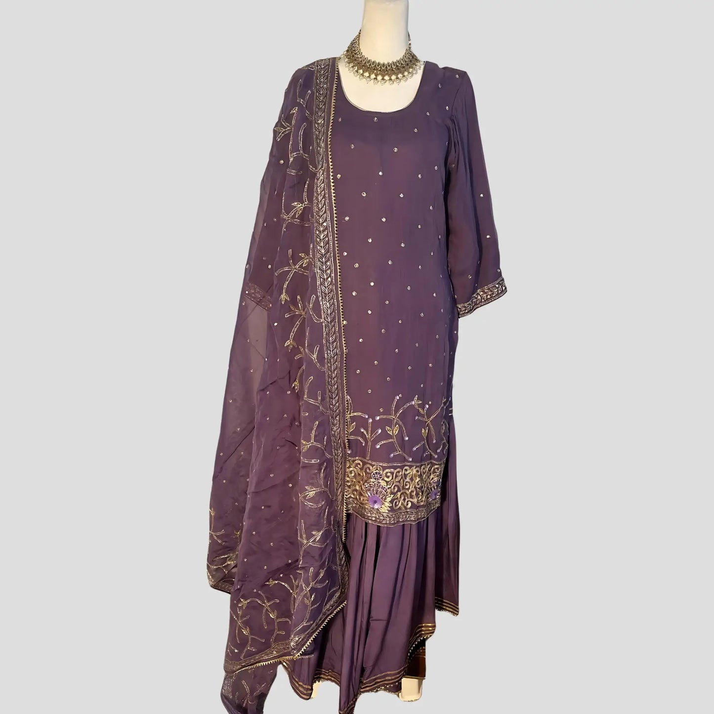 Purple Embroidered Top with Embroidered Dupatta and Gharara