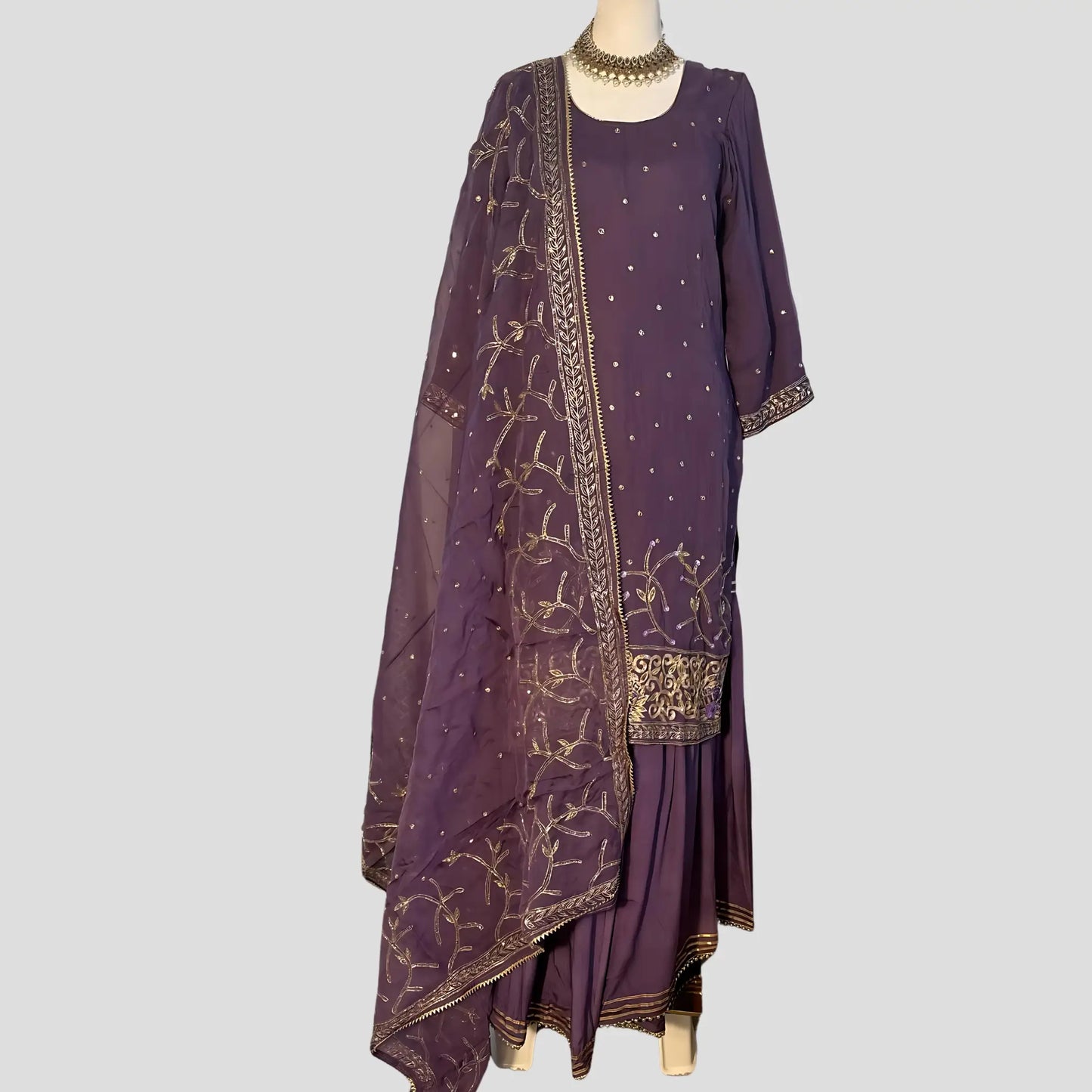 Purple Embroidered Top with Embroidered Dupatta and Gharara