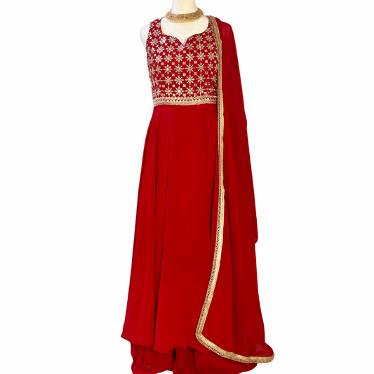 Red Anarkali Gown with Palazzo ROOHANI FASHIONS LLC.