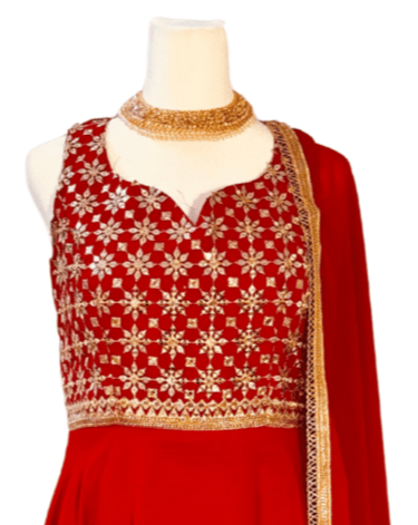 Red Anarkali Gown with Palazzo ROOHANI FASHIONS LLC.