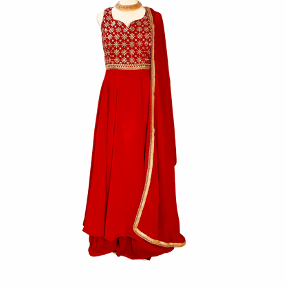 Red Anarkali Gown with Palazzo ROOHANI FASHIONS LLC.