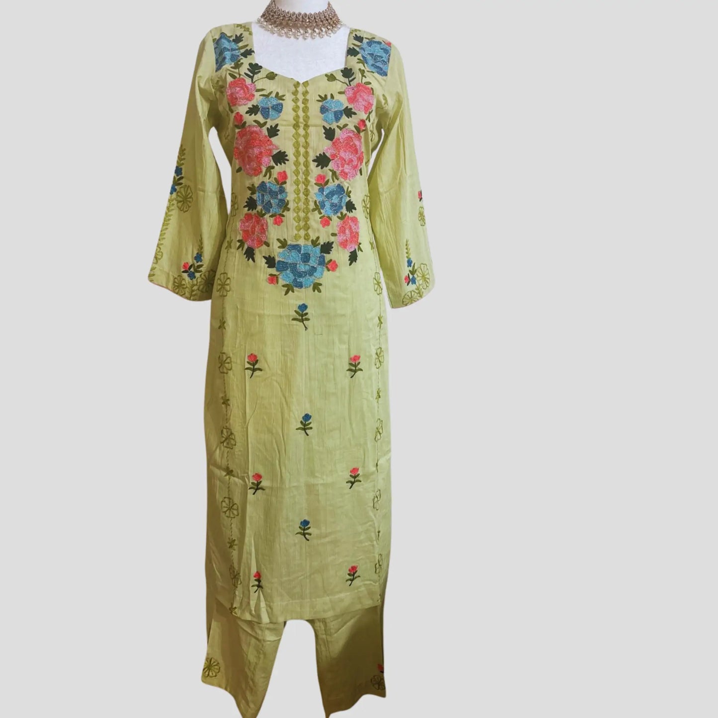 Sage Green Embroidered Soft Cotton Pant suit