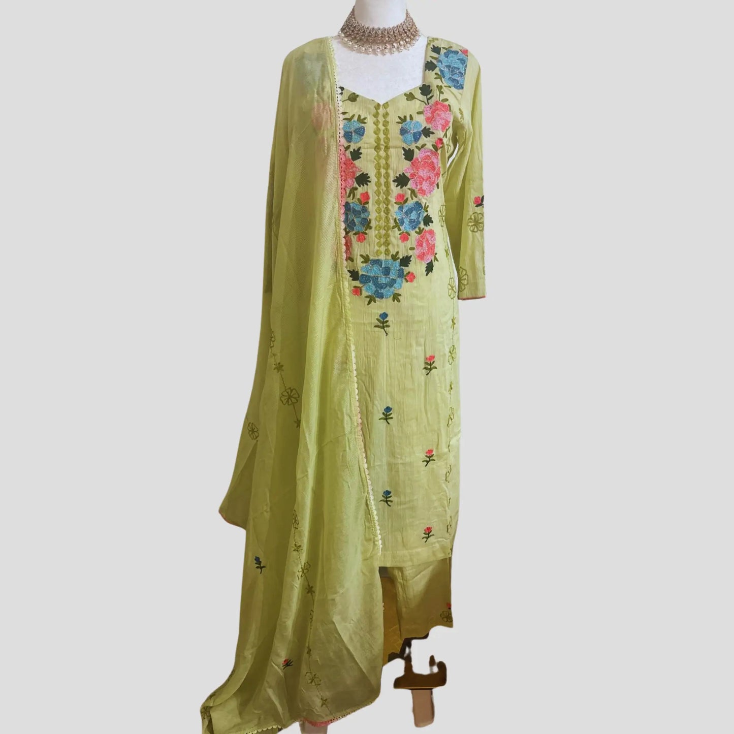 Sage Green Embroidered Soft Cotton Pant suit