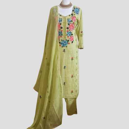 Sage Green Embroidered Soft Cotton Pant suit