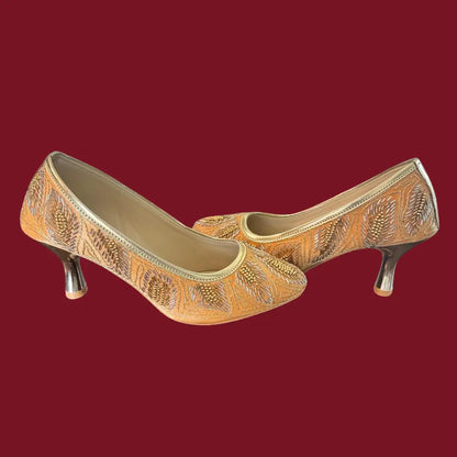 Salmon Sparkle Heeled Jutti and Golden Glamor Potli - Combo