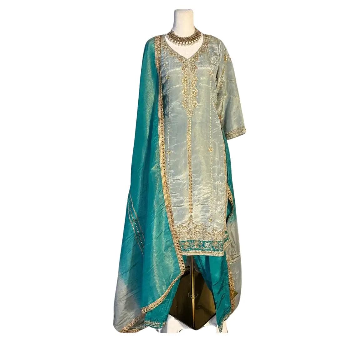 Sea Green Hand Embroidered Top with Dupatta and Pants ROOHANI FASHIONS LLC.