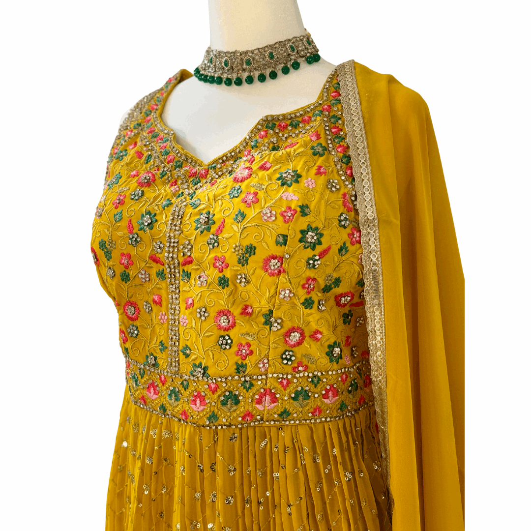 Yellow Embroidered Naira cut Sharara set ROOHANI FASHIONS LLC.