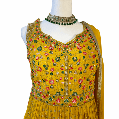 Yellow Embroidered Naira cut Sharara set ROOHANI FASHIONS LLC.