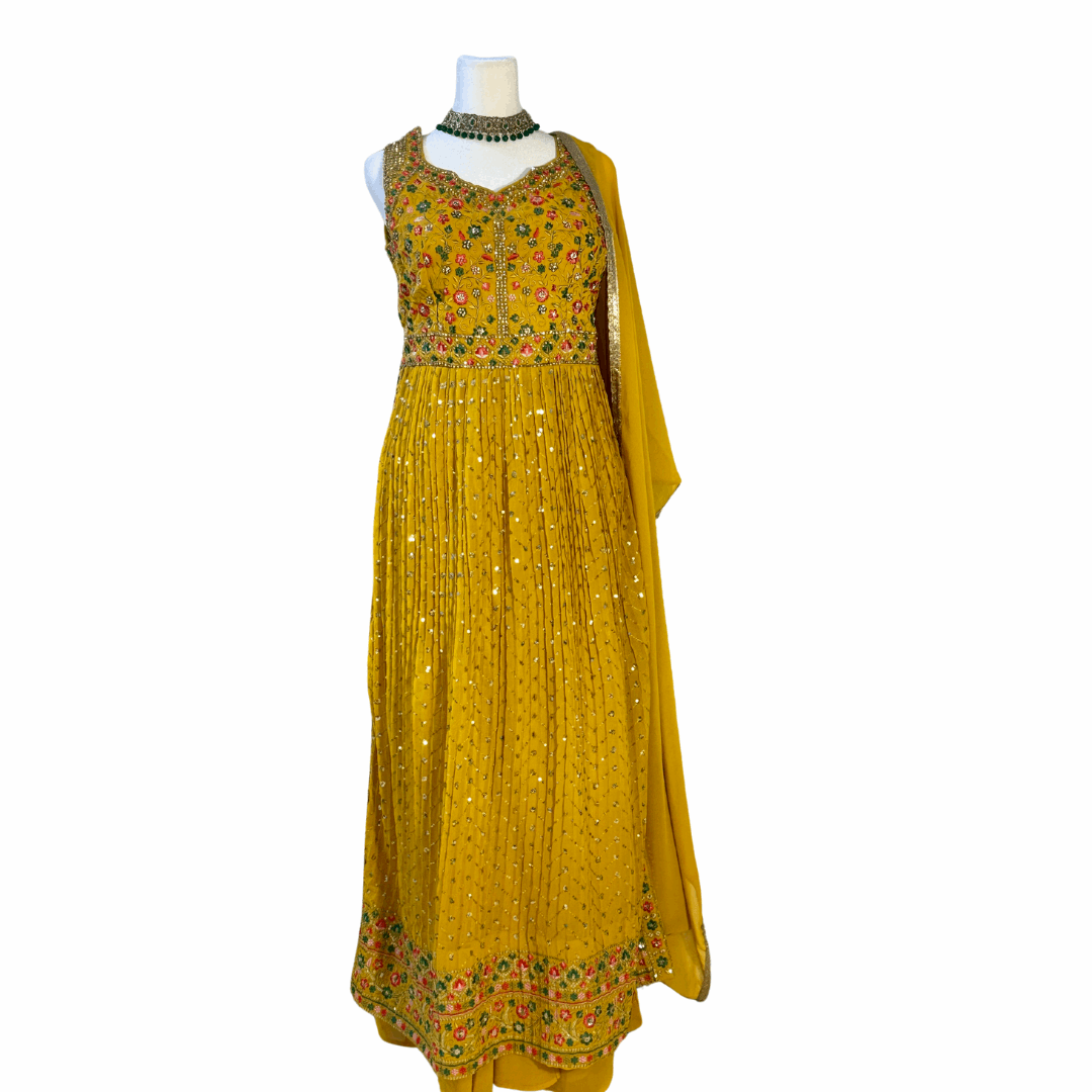 Yellow Embroidered Naira cut Sharara set ROOHANI FASHIONS LLC.