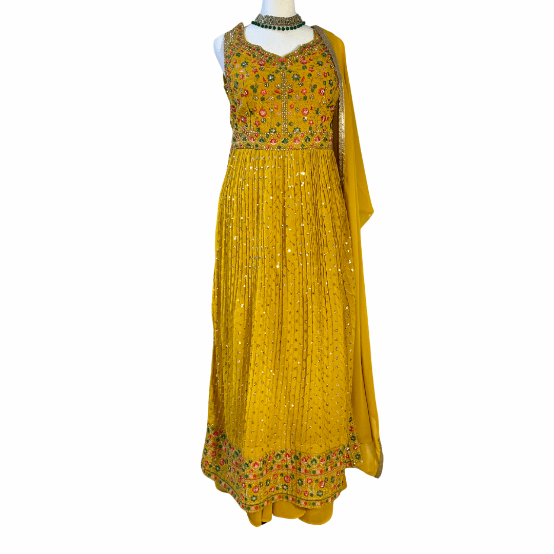 Yellow Embroidered Naira cut Sharara set ROOHANI FASHIONS LLC.