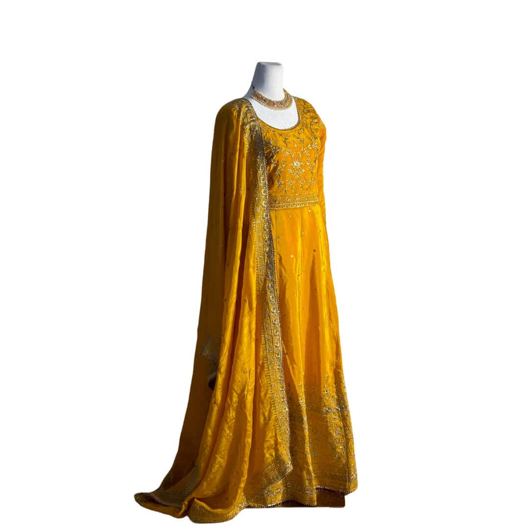 Yellow Hand Embroidered Anarkali with Dupatta and Churidhar ROOHANI FASHIONS LLC.