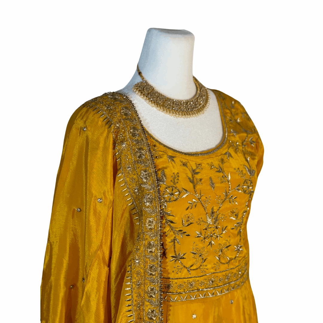 Yellow Hand Embroidered Anarkali with Dupatta and Churidhar ROOHANI FASHIONS LLC.