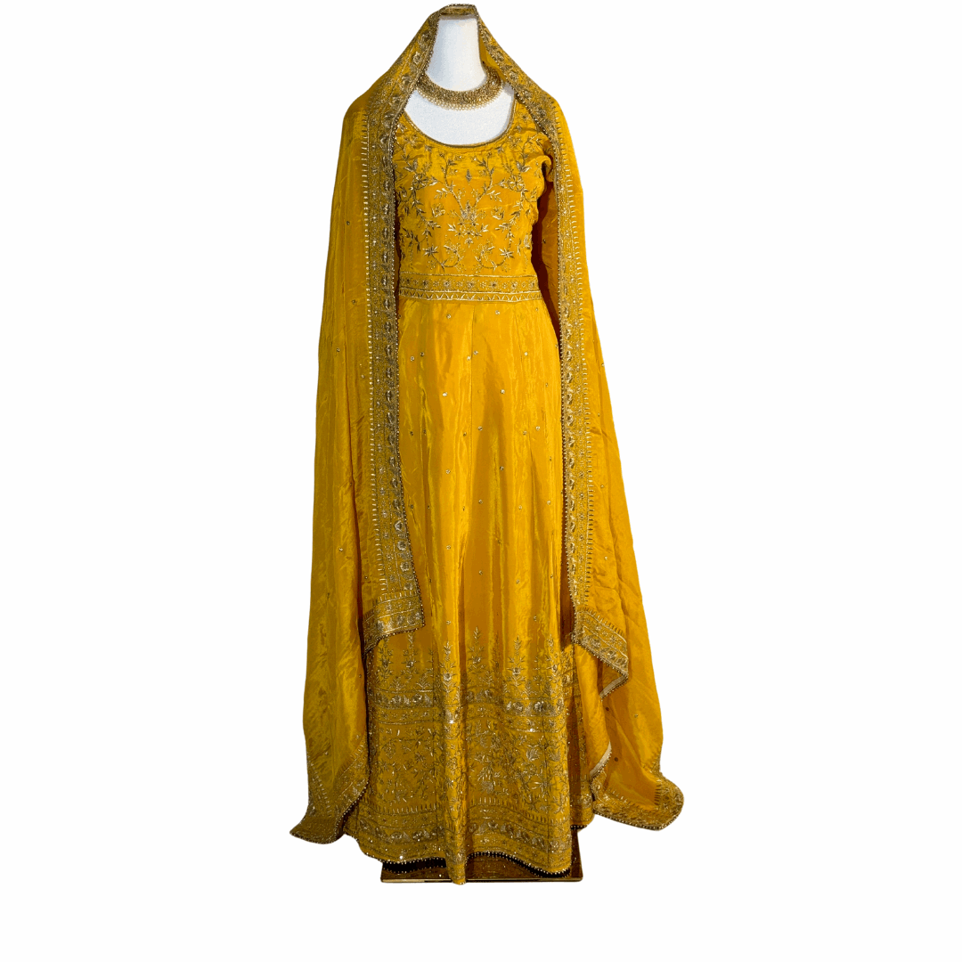 Yellow Hand Embroidered Anarkali with Dupatta and Churidhar ROOHANI FASHIONS LLC.