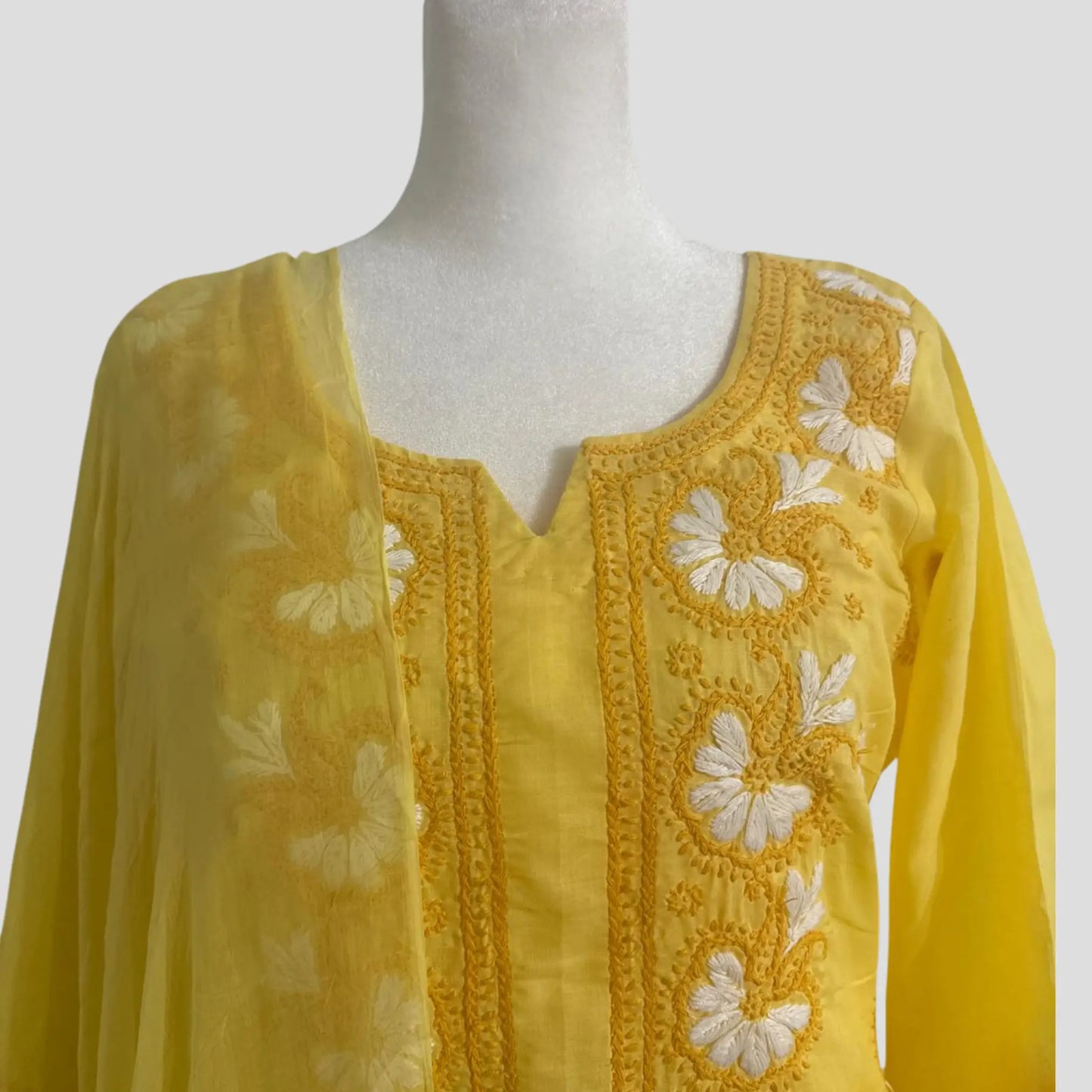 Yellow Pure cotton Lucknowi Pant suit with Chiffon Dupatta