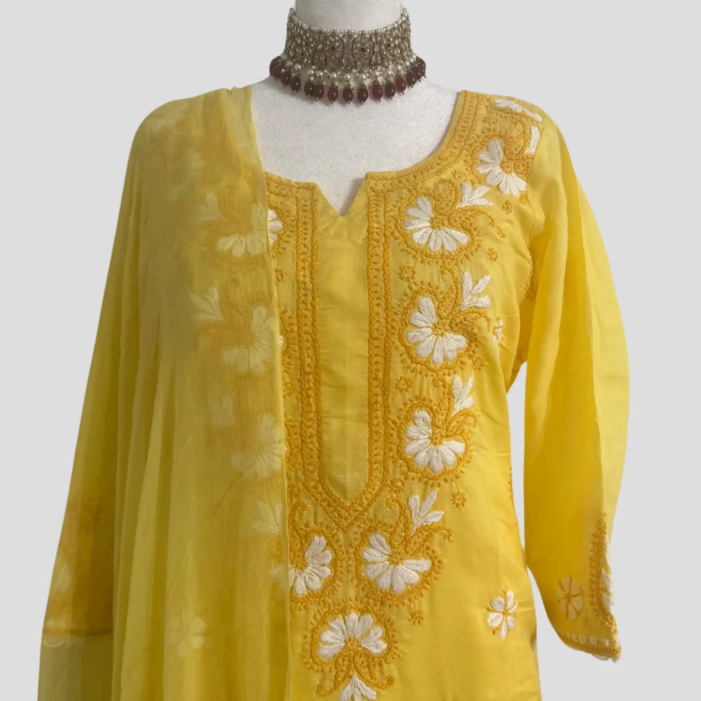 Yellow Pure cotton Lucknowi Pant suit with Chiffon Dupatta