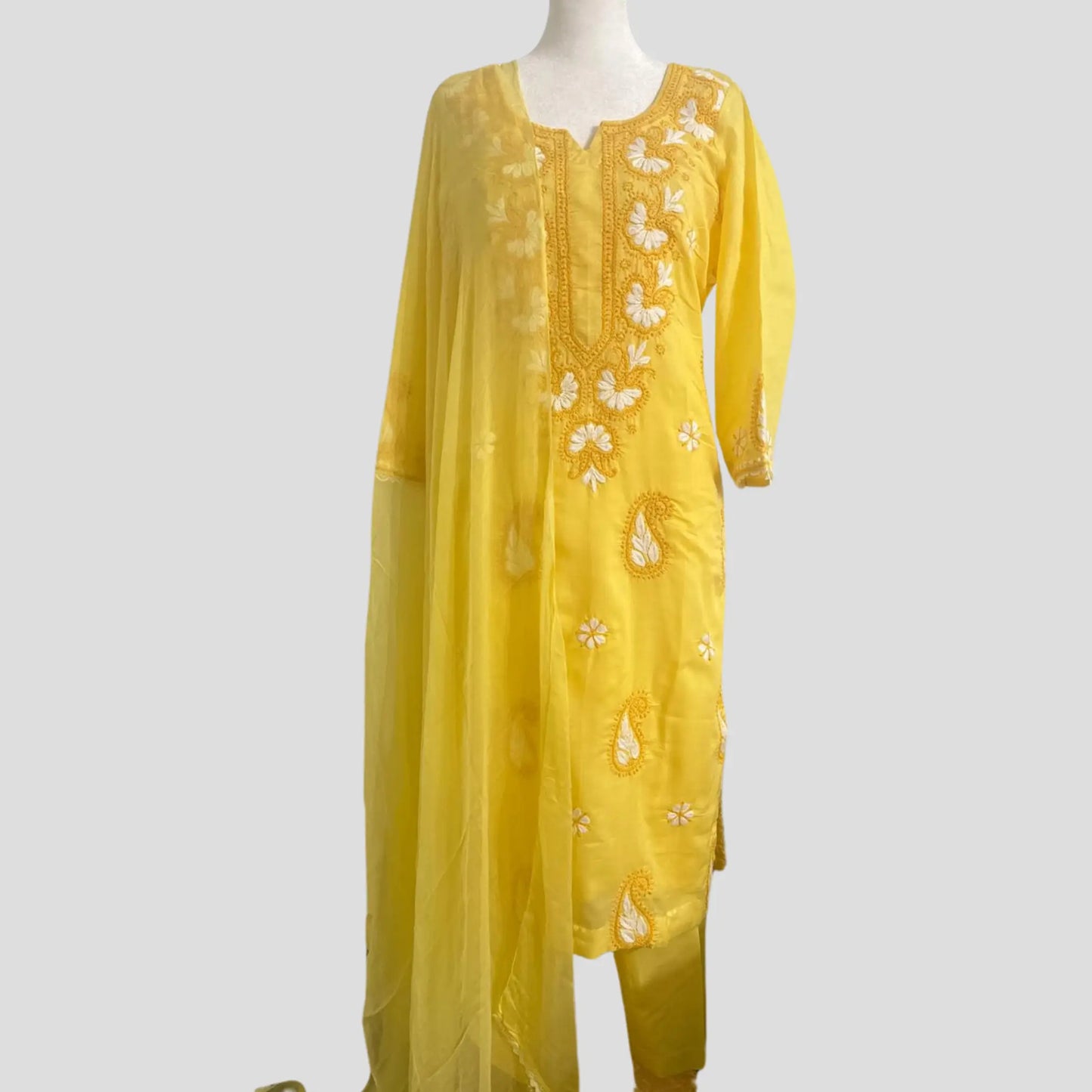 Yellow Pure cotton Lucknowi Pant suit with Chiffon Dupatta