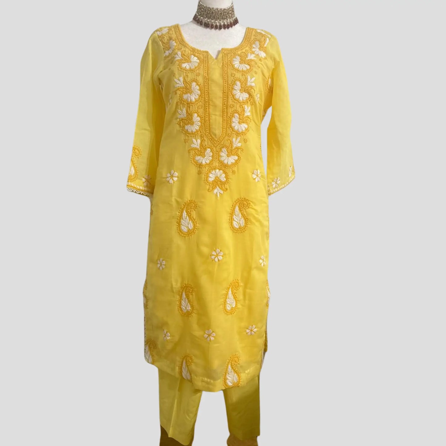 Yellow Pure cotton Lucknowi Pant suit with Chiffon Dupatta