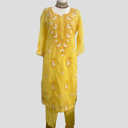 Yellow Pure cotton Lucknowi Pant suit with Chiffon Dupatta