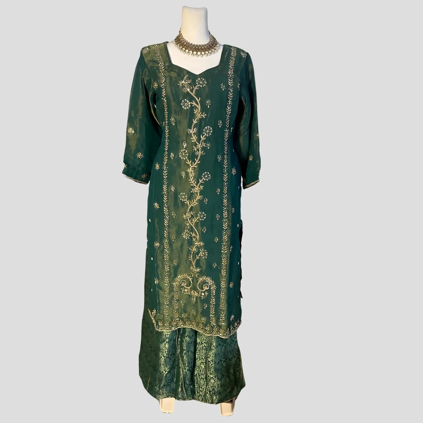 Emerald Hand Embroidered Top with Dupatta and Sharara