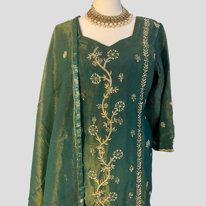 Emerald Hand Embroidered Top with Dupatta and Sharara