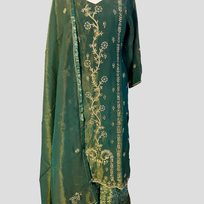 Emerald Hand Embroidered Top with Dupatta and Sharara