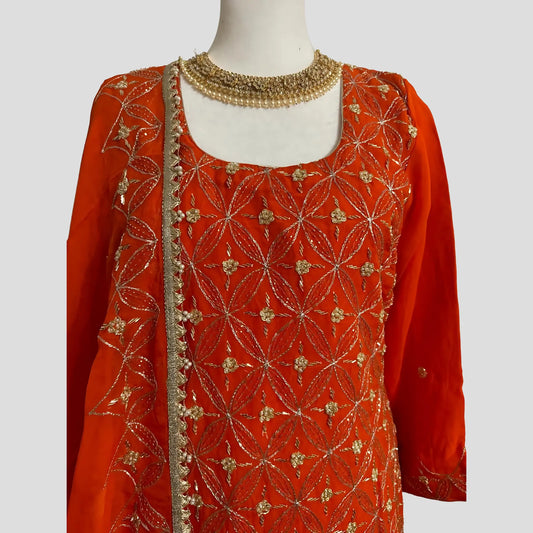 Orange Embroidered Top with Gharara and Embroidered Dupatta on all four sides