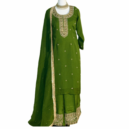 Henna Green Hand Embroidered Top with Dupatta and Palazzo