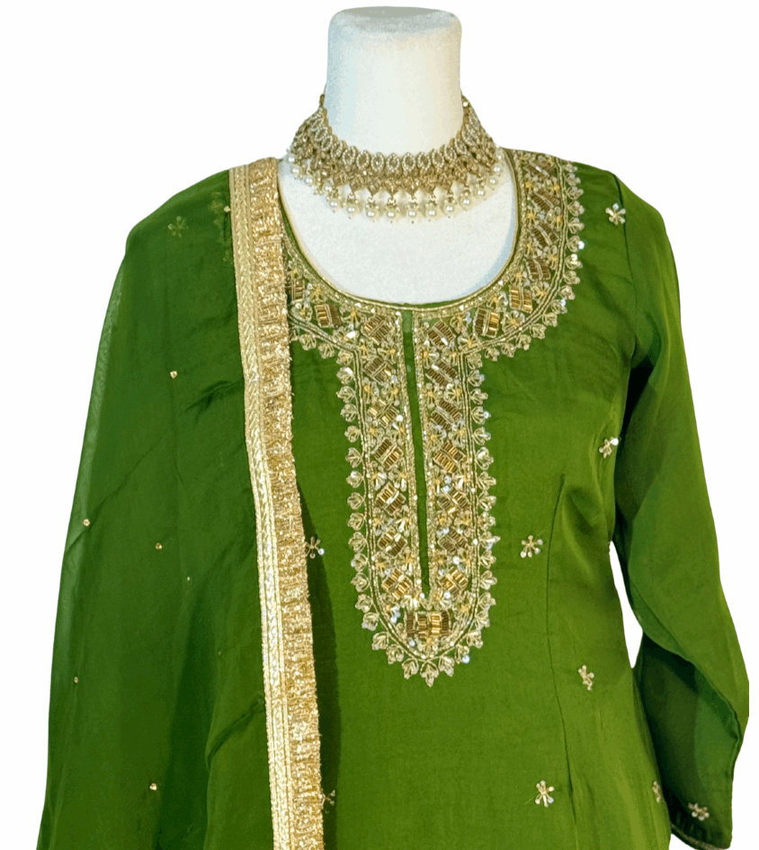 Henna Green Hand Embroidered Top with Dupatta and Palazzo